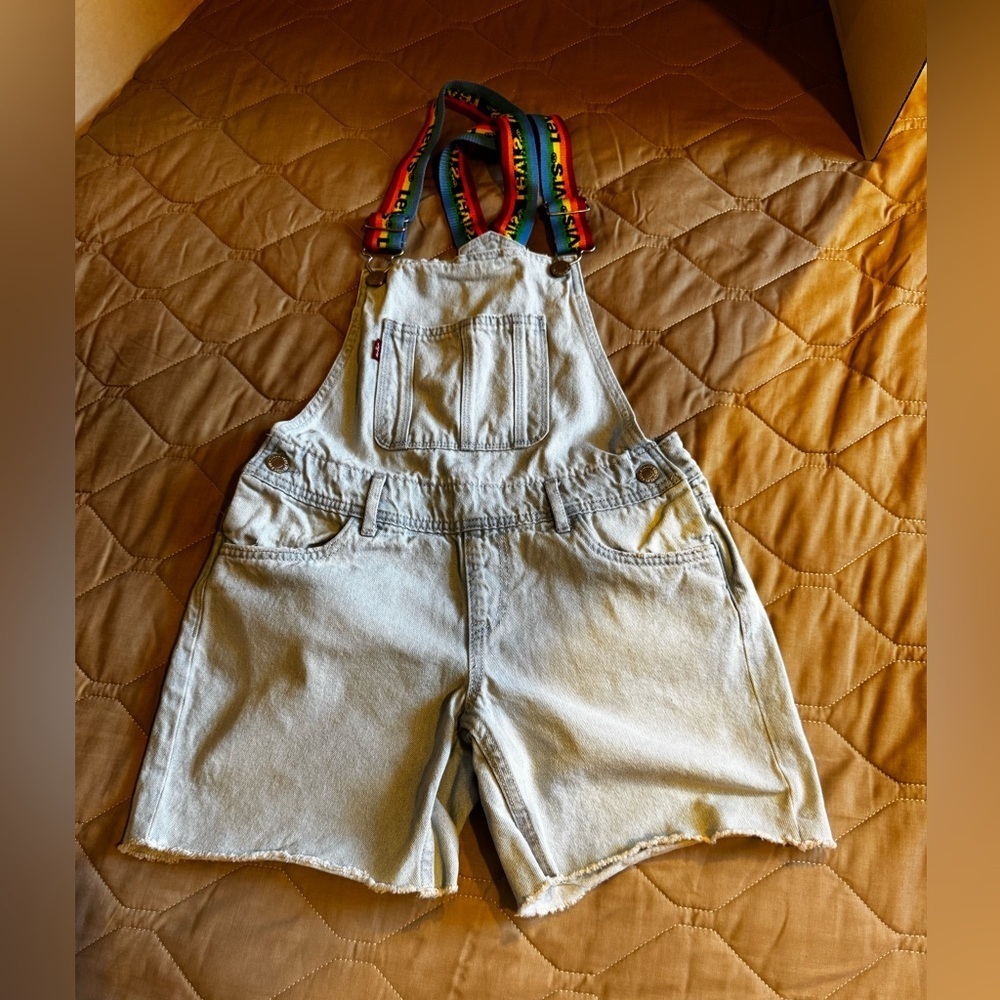 LEVI’s Shortalls Rainbow Logo Straps Light Wash Y2K Overall Shorts Girl Size 12